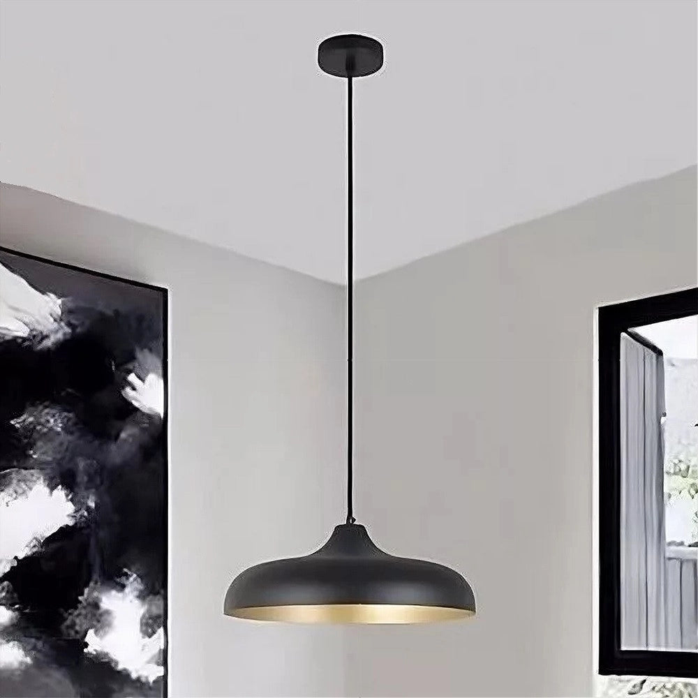 Trade Shop - Lampadario A Sospensione Design Moderno E27 Paralume In Ferro Cupola Nero Oro 33320 -