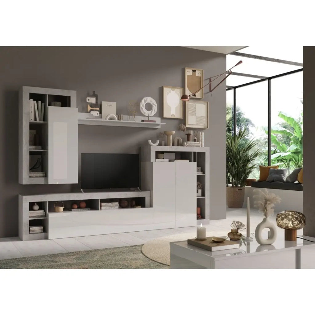 Set di mobili da soggiorno, collezione BURA, lunghezza 290 cm. Colori cemento e bianco lucido.