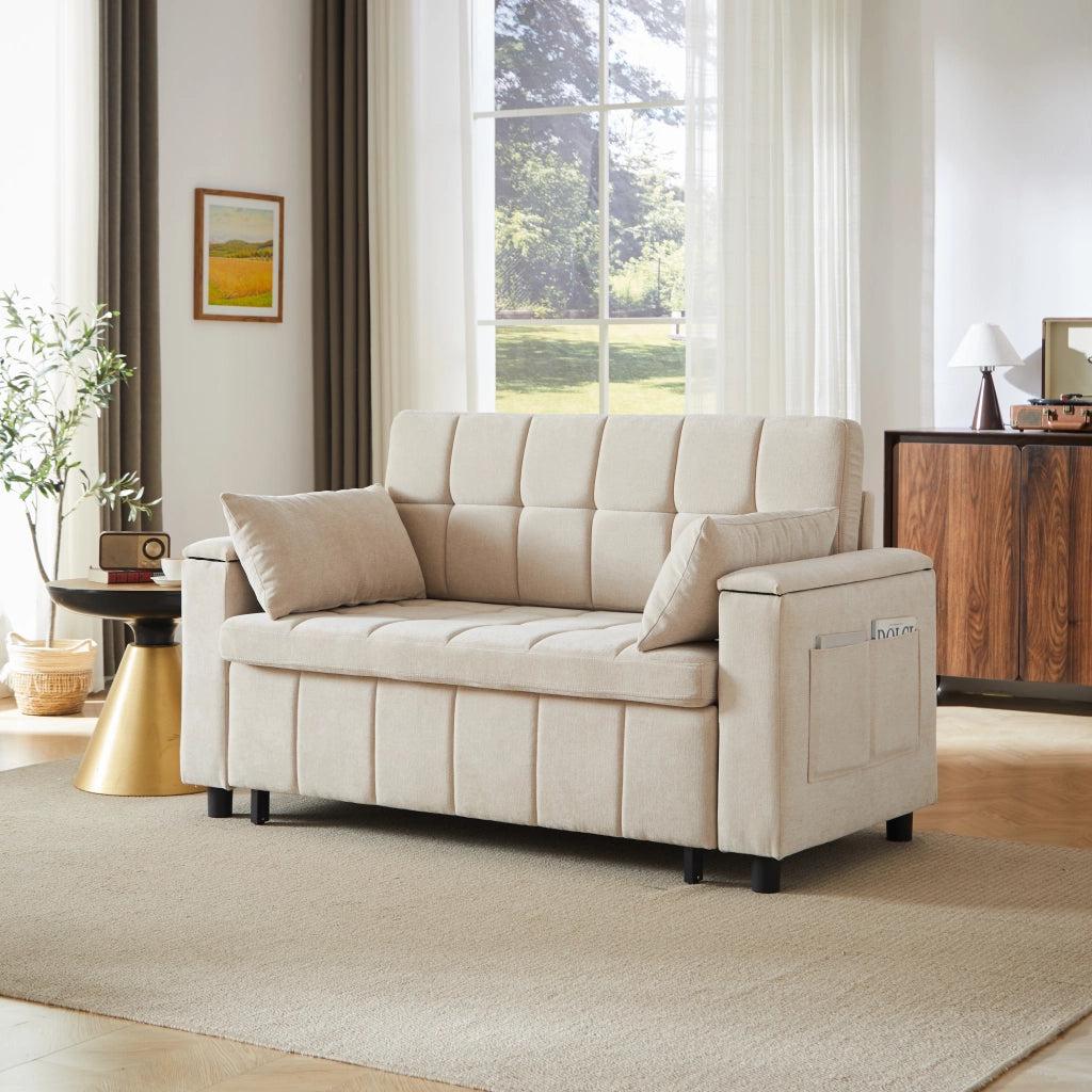 Divano letto 2 posti estraibile con contenitore nei braccioli e tasche laterali in ciniglia beige