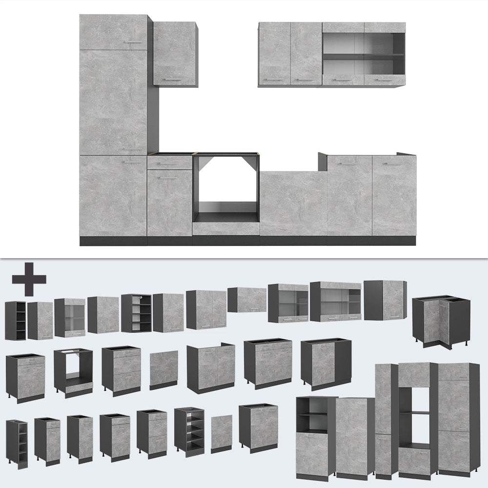 Cucina componibile R-Line Calcestruzzo/Antracite 300 cm, PL Rovere Vicco