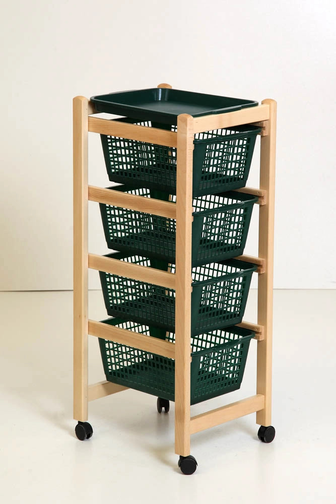 CARRELLO PORTAFRUTTA JOLLY NATURALE LEGNO MASSELLO 4 RUOTE CON CESTELLI VERDI