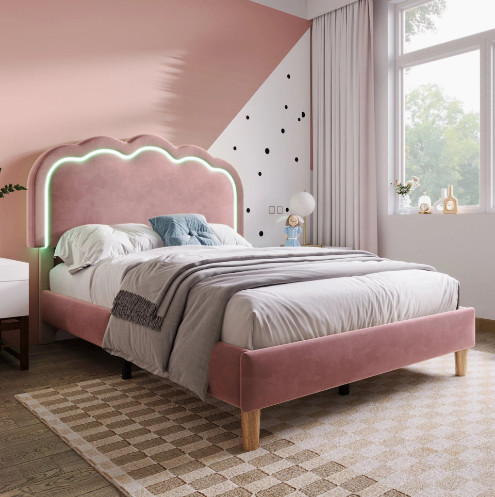 Letto singolo 90x200 cm in velluto rosa con testiera regolabile e luci LED