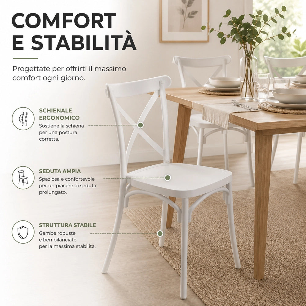 Set 4 Sedie da Pranzo Impilabili in Polipropilene Modello Chiavarina 43x60x89 cm