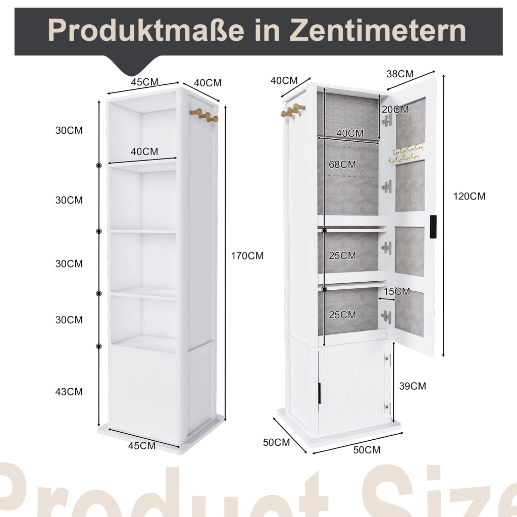 Mobile con specchio girevole con portagioielli; libreria aperta e 6 ganci per camera da letto; 50×50×170 cm bianco