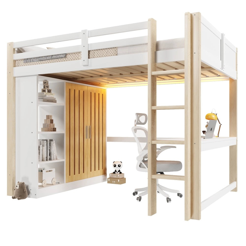 Letto a Soppalco con LED, Armadio e Scrivania ¨C MINIMAL ¨C 140x200 cm, Bianco e Naturale