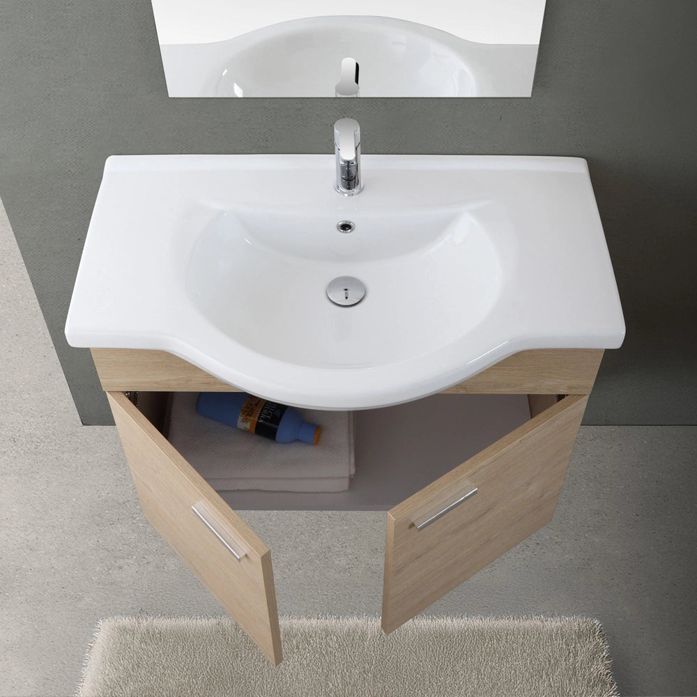 Mobile bagno sospeso 80 cm Rovere Dolomite completo di lavabo e specchio Desya