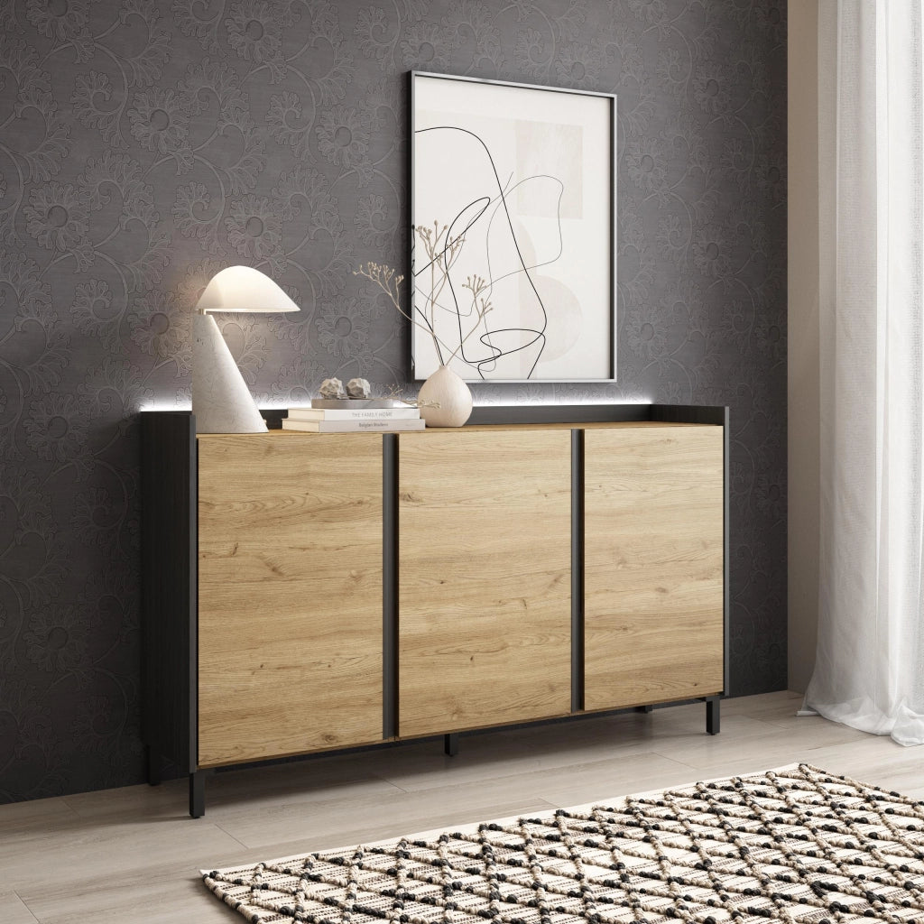 Credenza, Mobile, Cucina, 156x91x35 cm, 3 Porte, Design industriale, LED, Rovere e nero