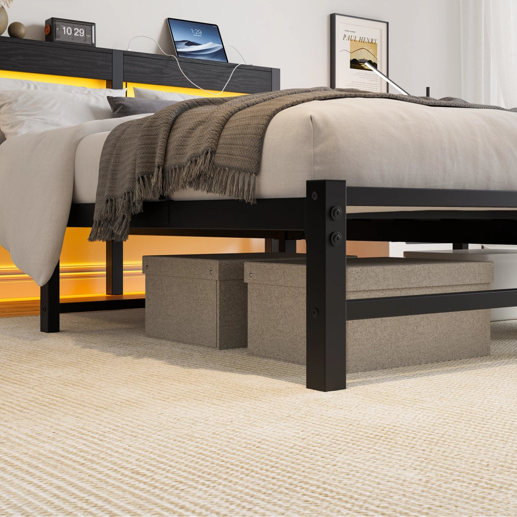 Letto per adulti 140 × 200 cm con LED RGB, 2 porte USB, contenitore sotto il letto, senza materasso, nero