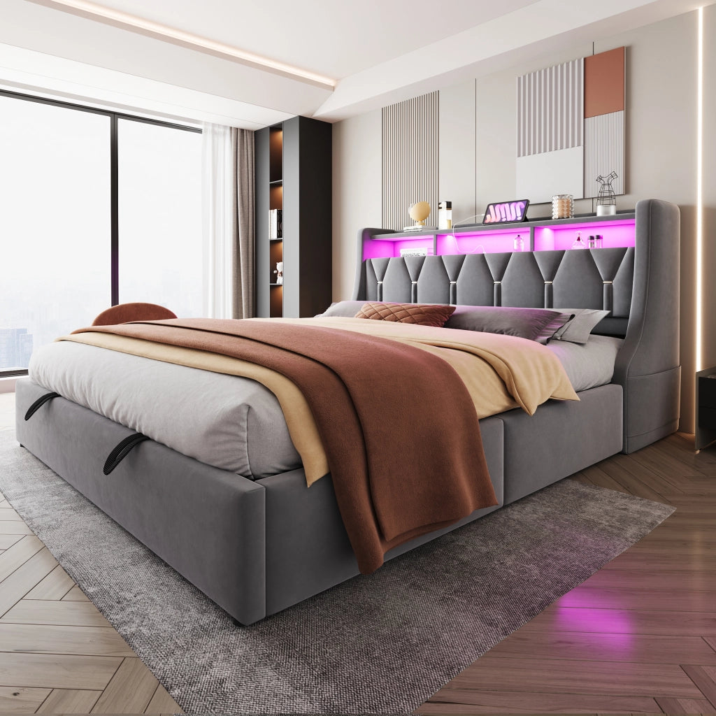 Letto matrimoniale imbottito 180x200 cm con contenitore idraulico, testiera ribaltabile, LED, prese USB e Type-C, velluto grigio