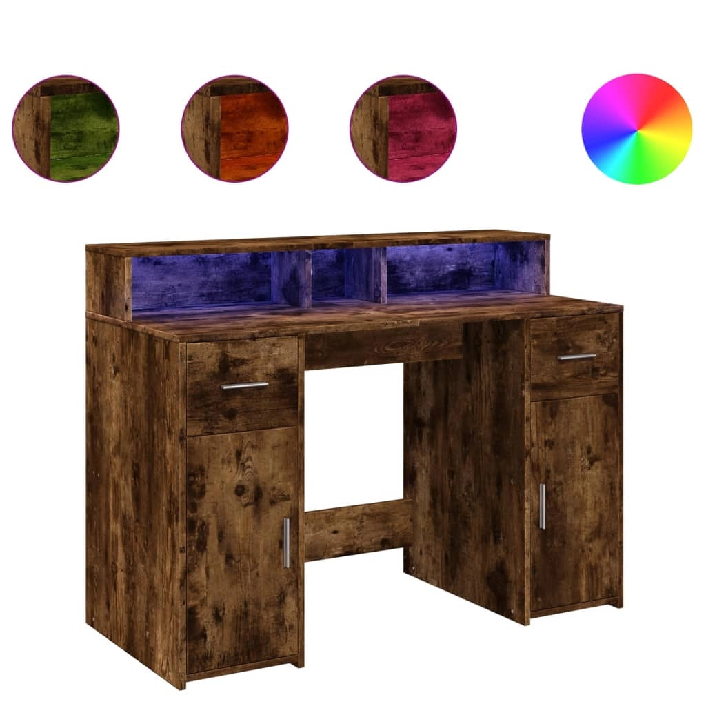 Scrivania da ufficio postazione di lavoro mobile per computer tavolo da studio con luci a LED rovere affumicato 120 x 55 x 91 cm legno ingegnerizzato marrone 02_0023782