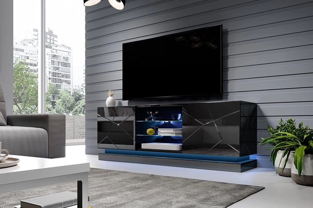 MOBILE  TV SOGGIORNO CON LED BLU MODELLO QIU 160X42X57H NERO LUCIDO