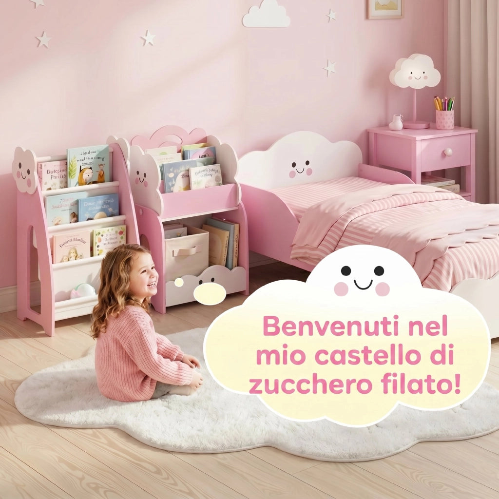 Mobile per Bambini 85,5x32x72 cm con Portariviste Libreria a 3 Livelli e Comodino in Legno Rosa e Bianco