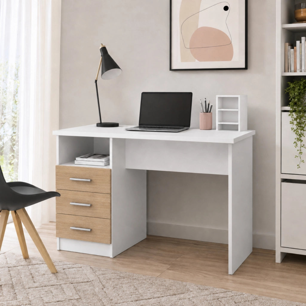 Scrivania Moderna Lipsia Con Cassetti Laterali Mobile Desk Salvaspazio Per Studio Ufficio Cameretta E Soggiorno 120 X 72 X 48 Cm Bianco E Rovere