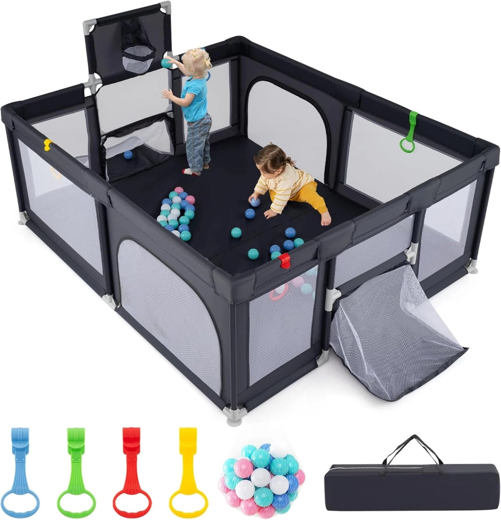 Box Neonati 210 x 150 cm, Recinto Bambini Pieghevole con Canestro da Basket e 2 Porte da Calcio, Parco Giochi con 50 Palline, 4 Anelli e Borsa Trasporto, per Bambini 0-3 Anni (Grigio Scuro)