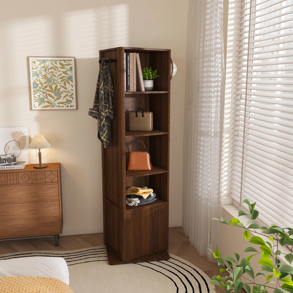 Mobile con specchio 4 in 1 girevole a 360 gradi con 6 ganci e ripiani aperti per camera da letto; in MDF; noce; 50×50×170 cm