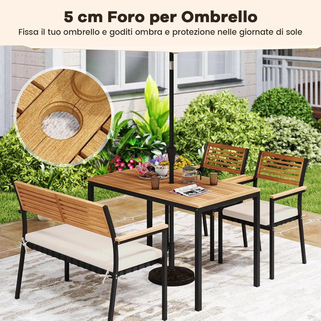 Set Pranzo da Giardino, Tavolo da Pranzo con 2 Sedie e Panca, Mobili da Esterno Ergonomiche Legno di Acacia con Foro per Ombrellone e Comodi Cuscini, per Bordo Piscina, Terrazza
