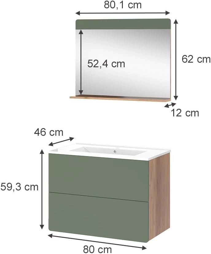 Set di mobili da bagno Izan, Goldkraft rovere/verde, 3 parti con specchio