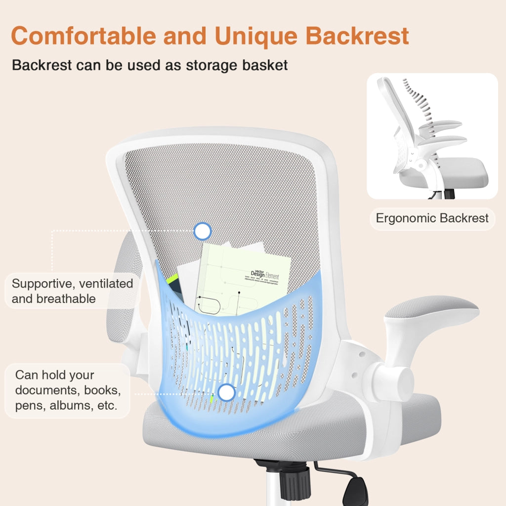 Sedia da ufficio con braccioli -  Sedia da ufficio ergonomica - con ruote - Sedia girevole regolabile in altezza - bianco-grigio