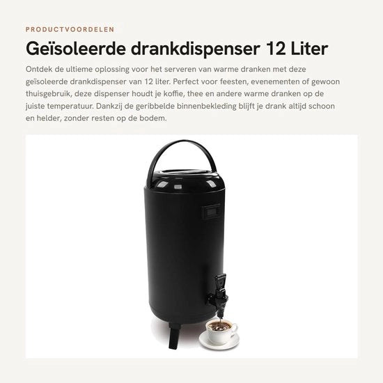 Dispensatore di acqua 12 l - Isolato - Acciaio Inossidabile - Visualizzazione temperatura - Rivestimento interno ruvido - Adatto per bevande calde - Dispensatore termico
