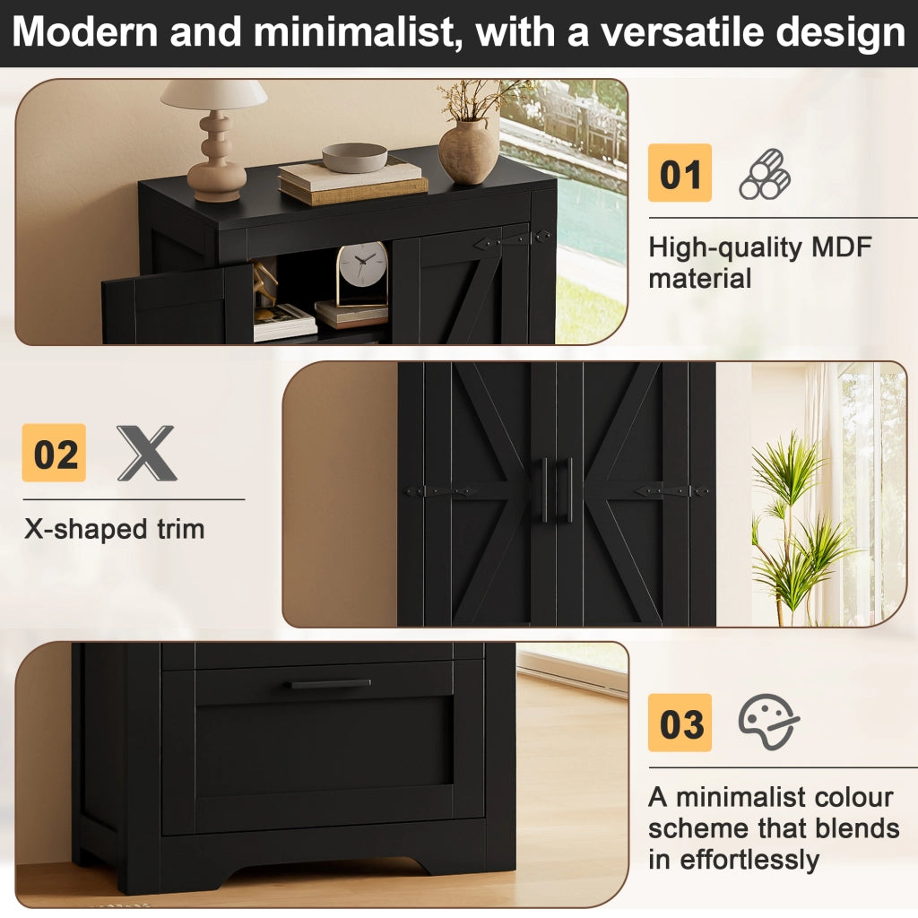 Credenza alta in stile rustico con 2 cassetti e ripiani regolabili per cucina, soggiorno e sala da pranzo in MDF nero