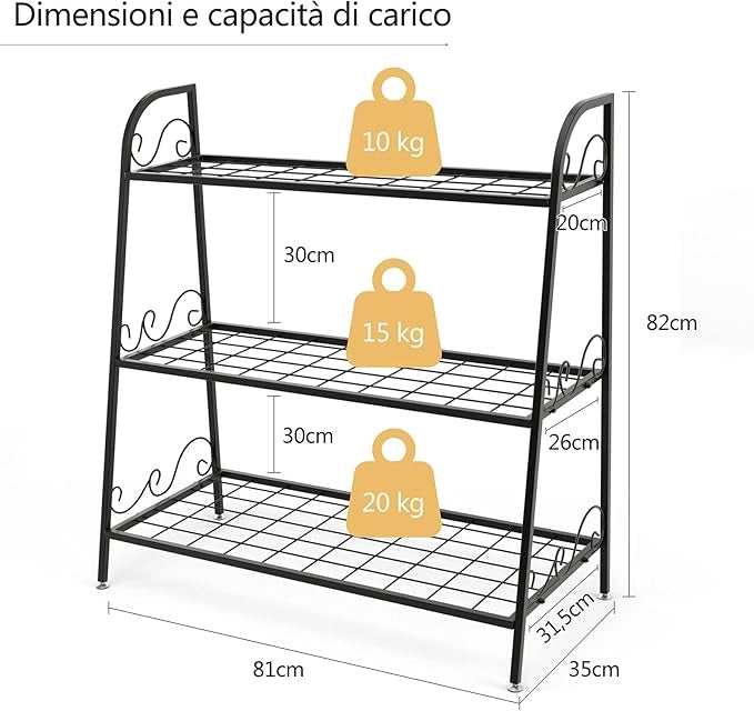 Scaffale Piante da Interno ed Esterno, Porta Fiori di Metallo a 3 Livelli con Piedini Regolabili, Porta Vasi per Giardino, Balcone e Soggiorno, 81 x 35 x 82 cm