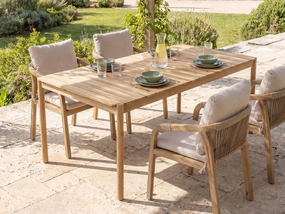 Tavolo da Giardino Rettangolare in Legno di Acacia Chiaro 180 x 100 cm per 6 Persone Stile Rustico