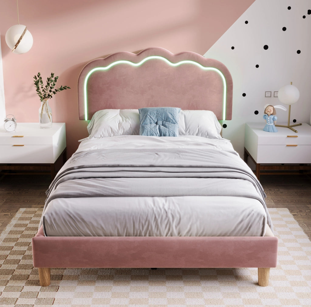 Letto imbottito LED 90x200 cm in velluto rosa con testiera regolabile