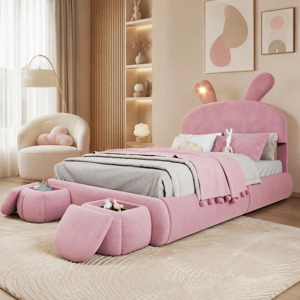 DESMIU Letto Contenitore Letto Matrimoniale con LED regolabile, 2 pouf contenitori e vano 140 × 200 cm senza materasso