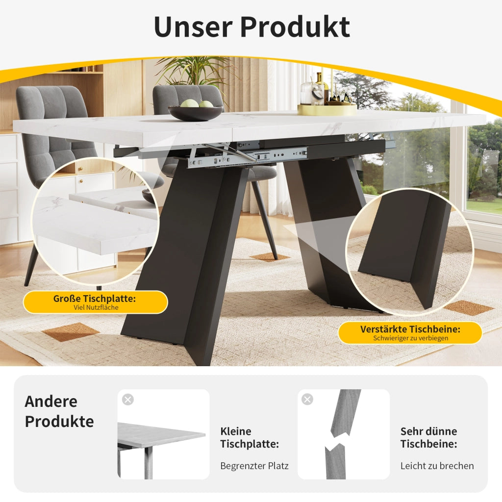 Tavolo da pranzo allungabile con 4 sedie in velluto piano in MDF effetto marmo bianco nero 159 × 74 × 77 cm