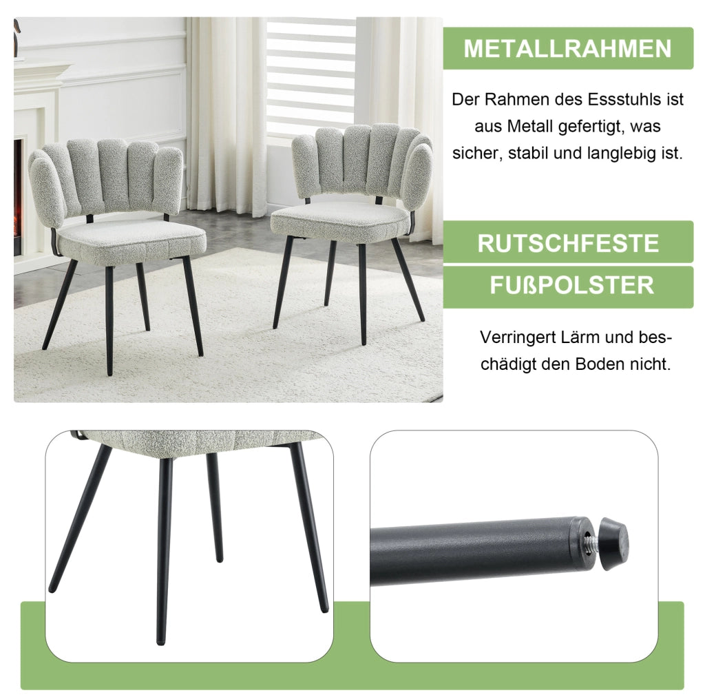 Sedie da pranzo con schienale a fiore; tessuto loopgarn grigio chiaro; gambe in metallo nero