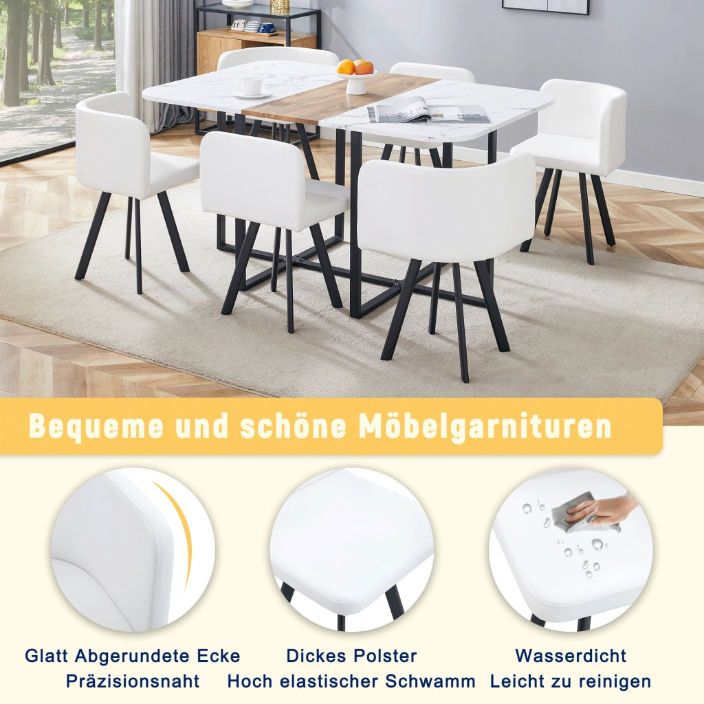 Tavolo da pranzo allungabile con 4 sedie salvaspazio, struttura in MDF e metallo, per cucina e soggiorno, bianco e nero