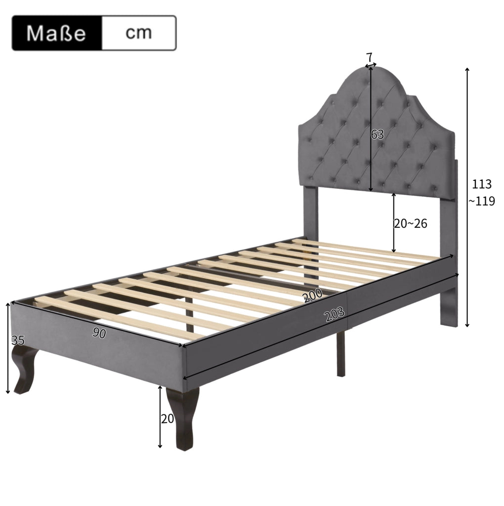 Letto imbottito 90 x 200 cm in velluto grigio con rete a doghe