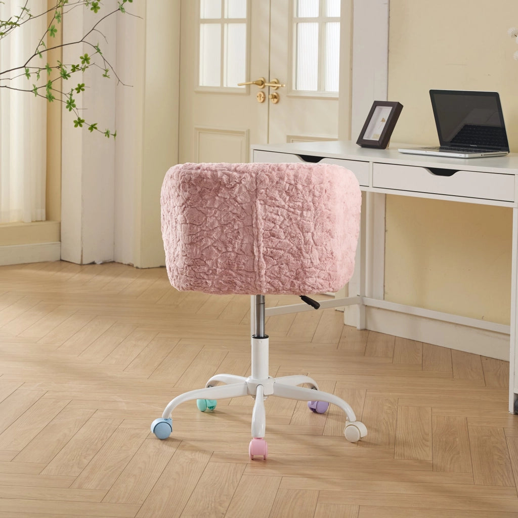 Sedia da ufficio girevole con altezza regolabile e ruote silenziose per scrivania e trucco in pelliccia sintetica rosa