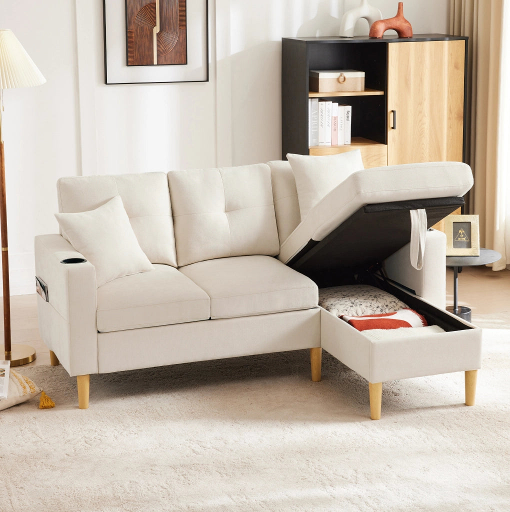Divano angolare a L con chaise longue; contenitore e portabicchieri; 175x129x90 cm; beige