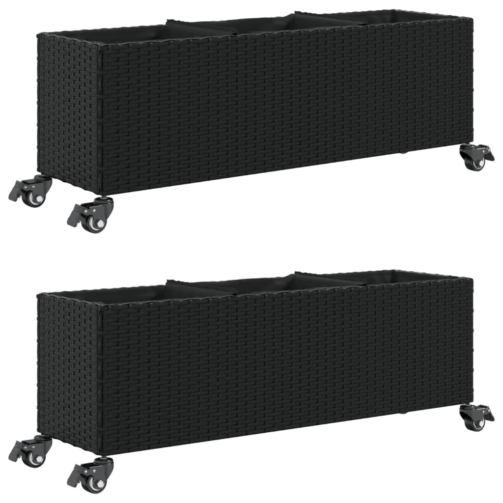 Fioriera aiuola rialzata fioriera aiuola giardino terrazza con ruote set da 2 107 x 32 x 38 cm resina intrecciata nera 02_0038908