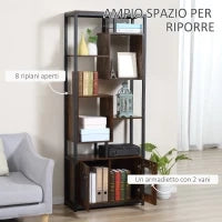 Mobile Libreria Scaffale in Stile Industriale con Armadietto a 2 Ante, Scaffale Salvaspazio a 8 Ripiani per Casa e Ufficio, 70x30x180cm, Marrone