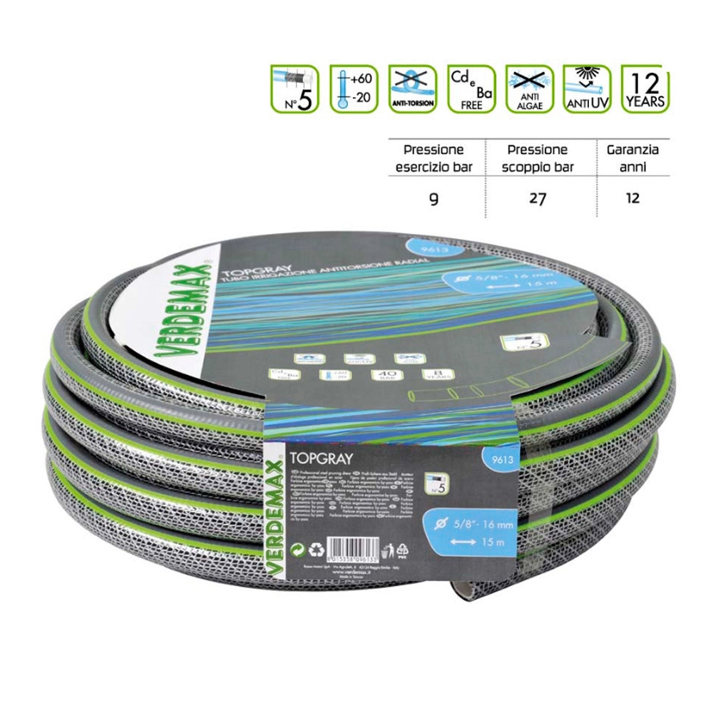 Tubo per irrigazione antitorsione verdemax topgray 5 strati diametro 5/8 rotolo metri 50
