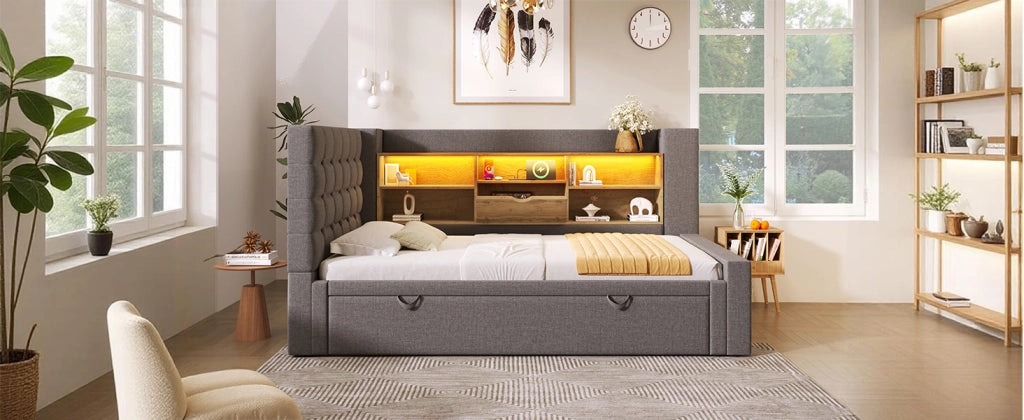 Letto imbottito con letto estraibile 90x200 cm, LED, porte USB, testiera L e vano contenitore, grigio
