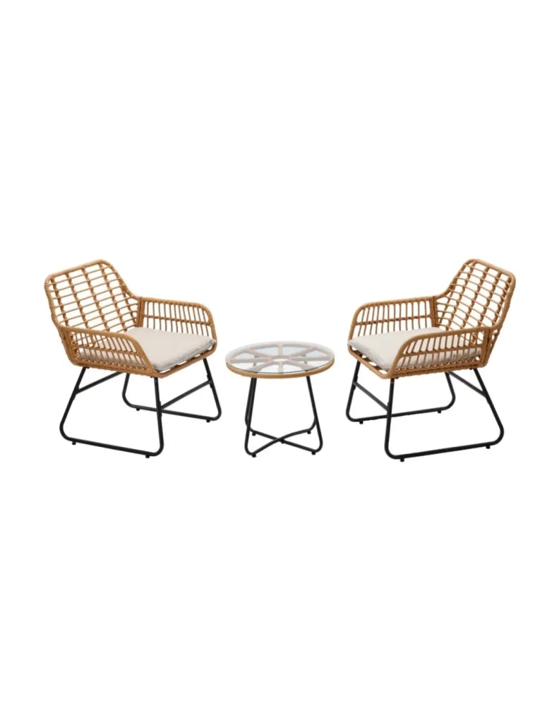 Set da giardino HAVENA 2 posti in rattan marrone con cuscini grigi e tavolino