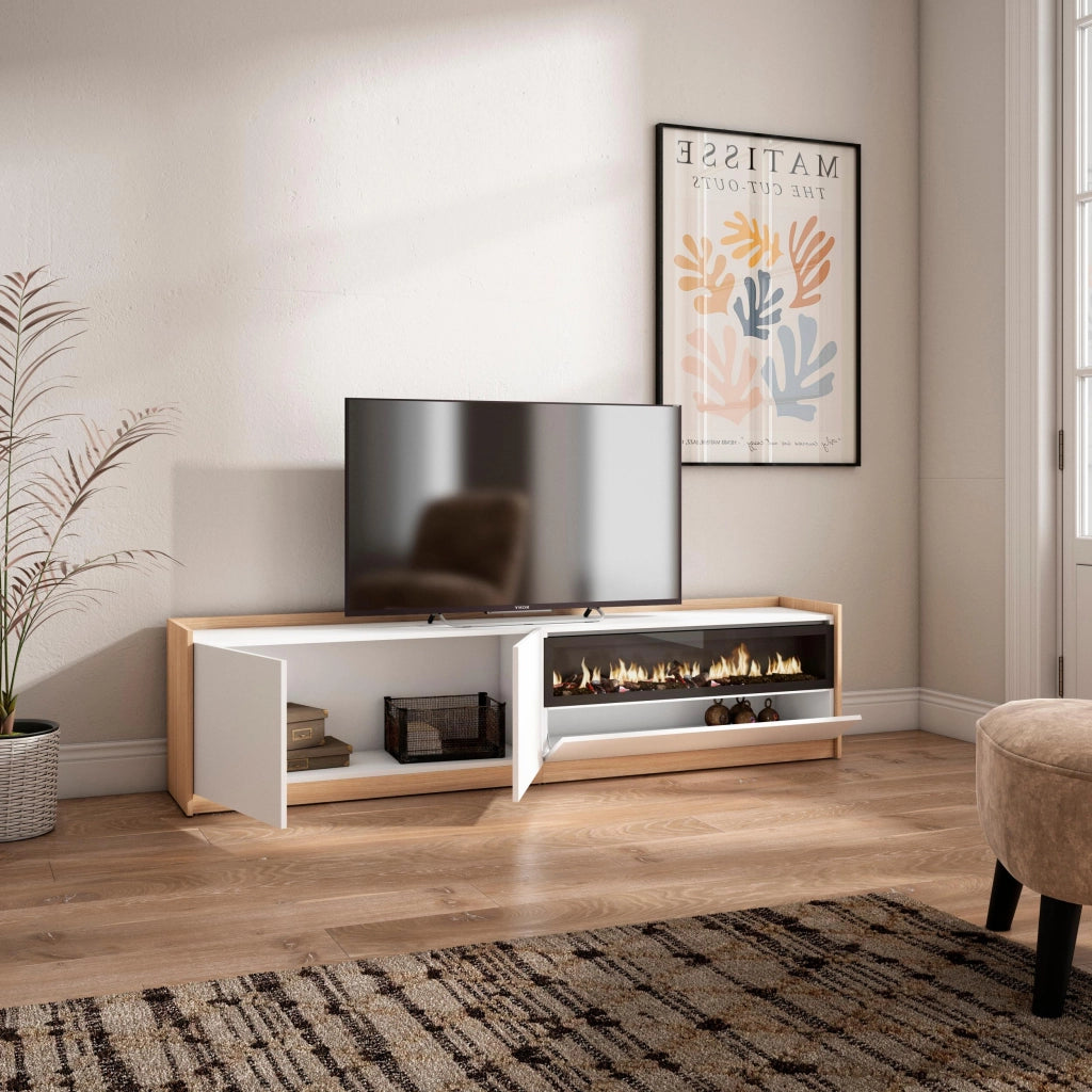 Mobile TV Soggiorno, 207x50x37 cm, Per TV fino a 80", Camino elettrico, Bianco e Rovere soft
