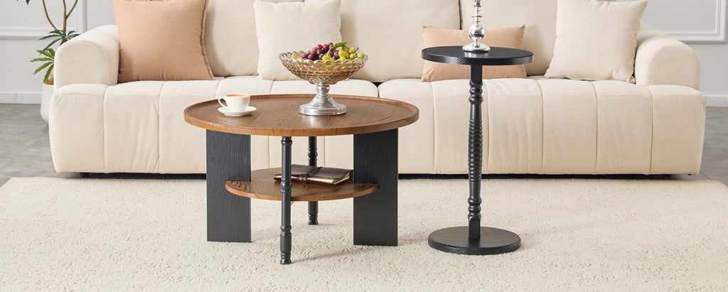 Set di 2 tavolini rotondi 80 cm in MDF noce nero， tavolino 38 cm
