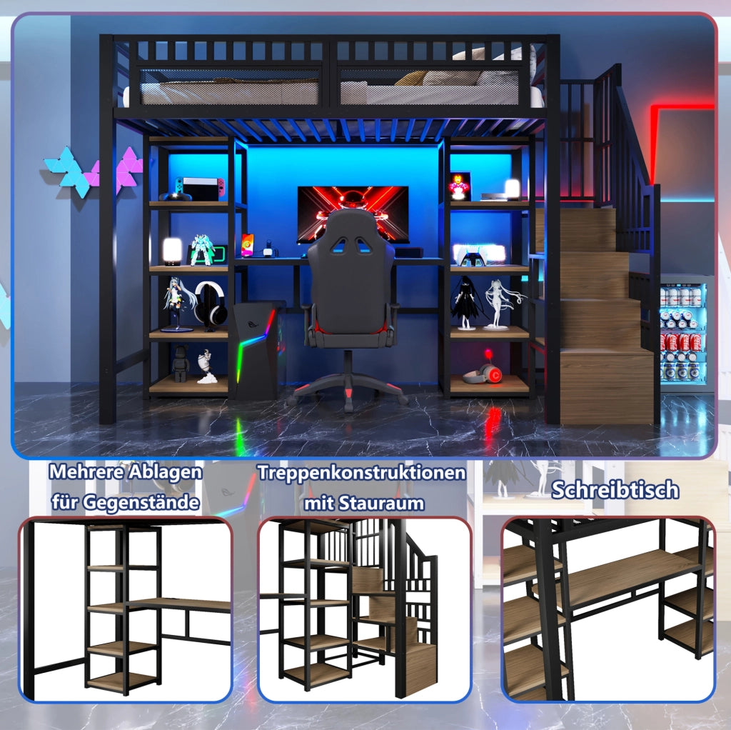 Letto a soppalco 90x200 cm con scrivania LED e USB nero