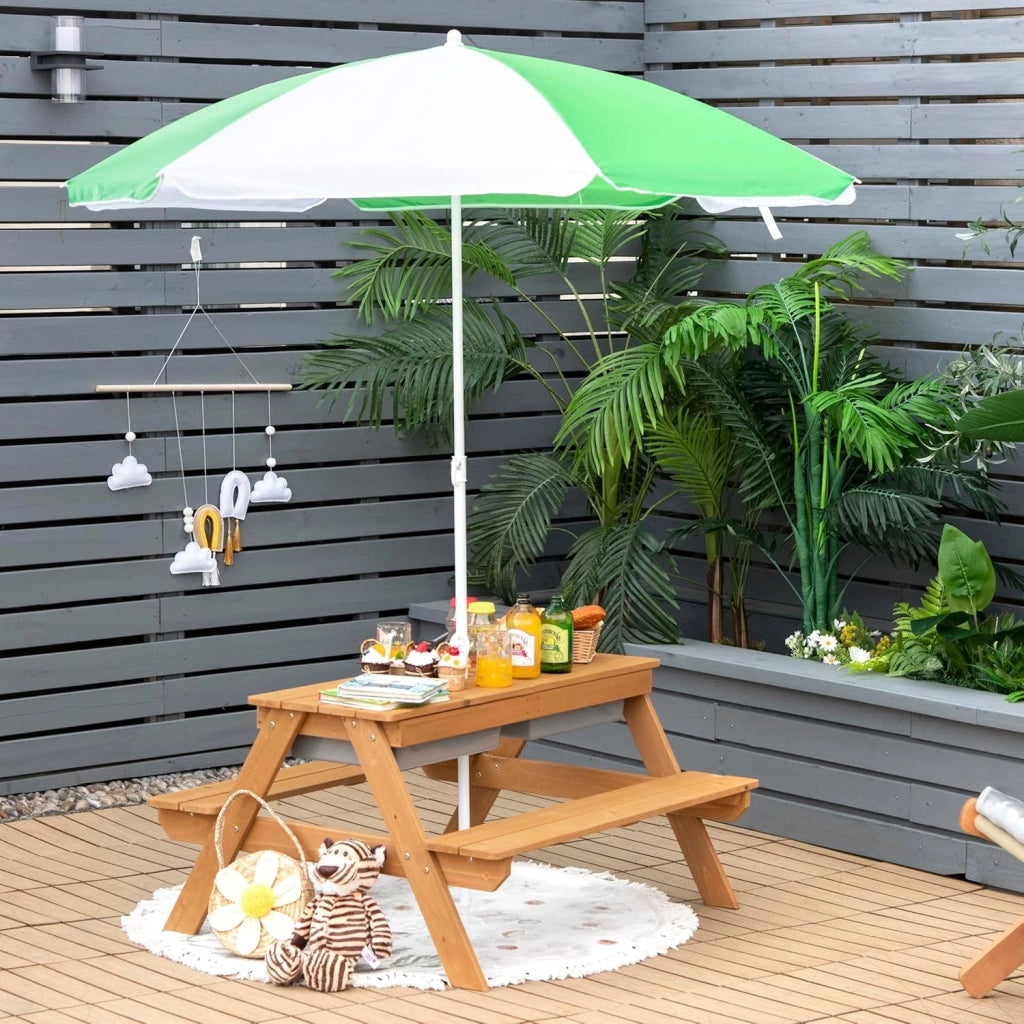3-in-1 Set Tavolo Picnic per Bambini, con Ombrellone Regolabile e 2 Vaschette da Gioco, Panche per Bambini in Legno di Abete, Giochi Esterno da Giardino e Parco, 187 cm (Verde + Giallo)