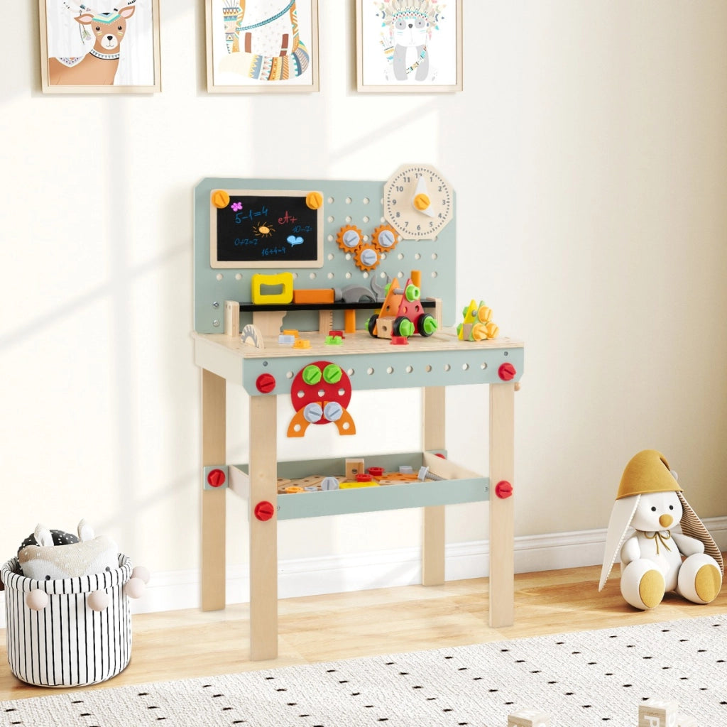 Banco degli attrezzi in legno per bambini, Banco da lavoro con set di attrezzi e orologio incantevole