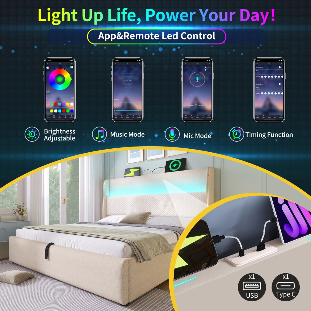 Letto matrimoniale con testiera alta, LED, contenitore e porte di ricarica