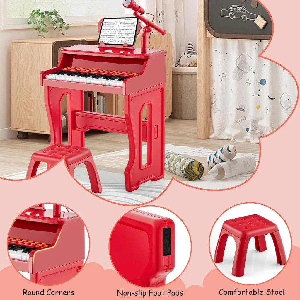 Pianola Bambini Musicale Tastiera, Tastiera Digitale a 37 Tasti, Mini Tastiera per Bambini con Effetti Luminosi e Microfono, Strumenti Musicali con Sgabello, 22 Battiti/8 Toni/8 Ritmi, Rosso
