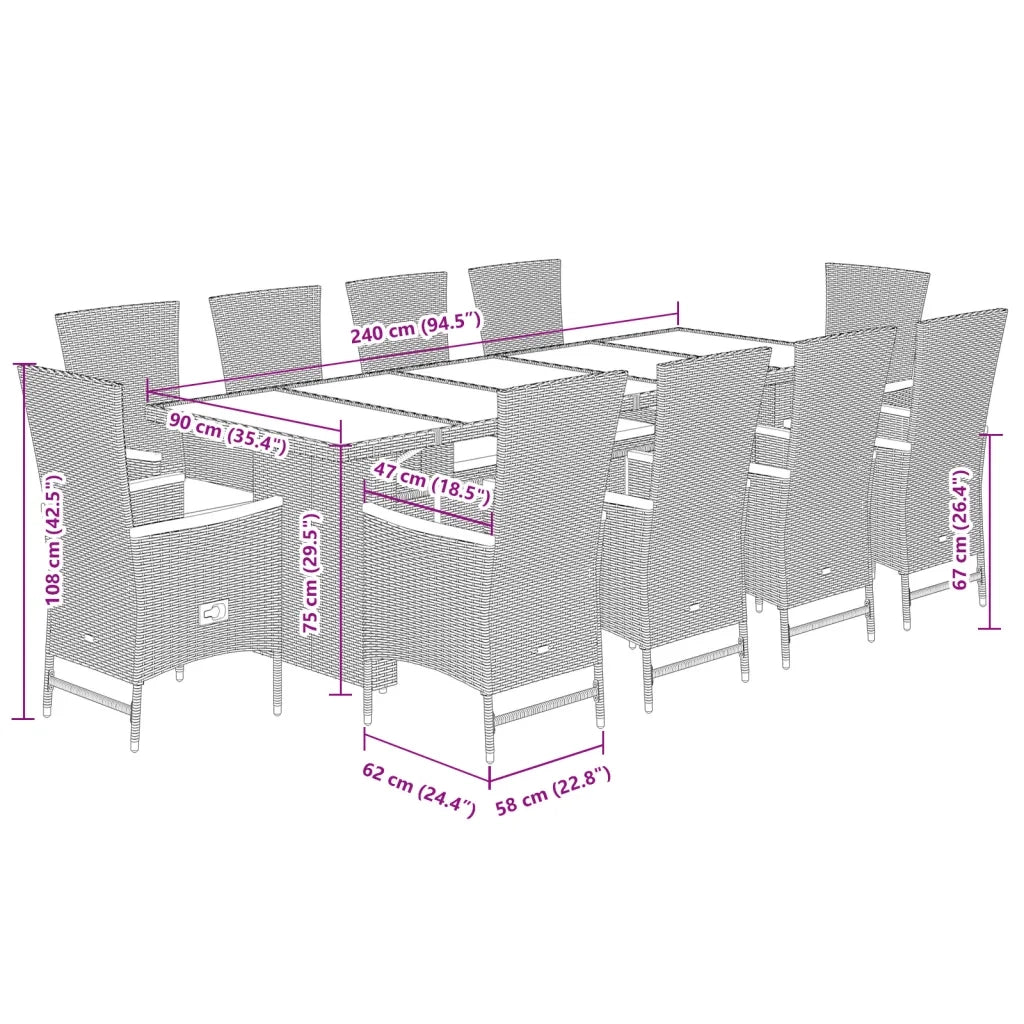 Set da Pranzo da Giardino 11 pz con Cuscini in Polyrattan Nero