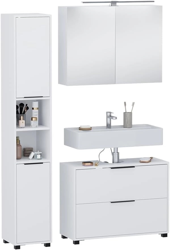 Set di mobili da bagno Alina, Bianco, 80 cm, composto da mobile sottolavabo, specchiera e colonna alta