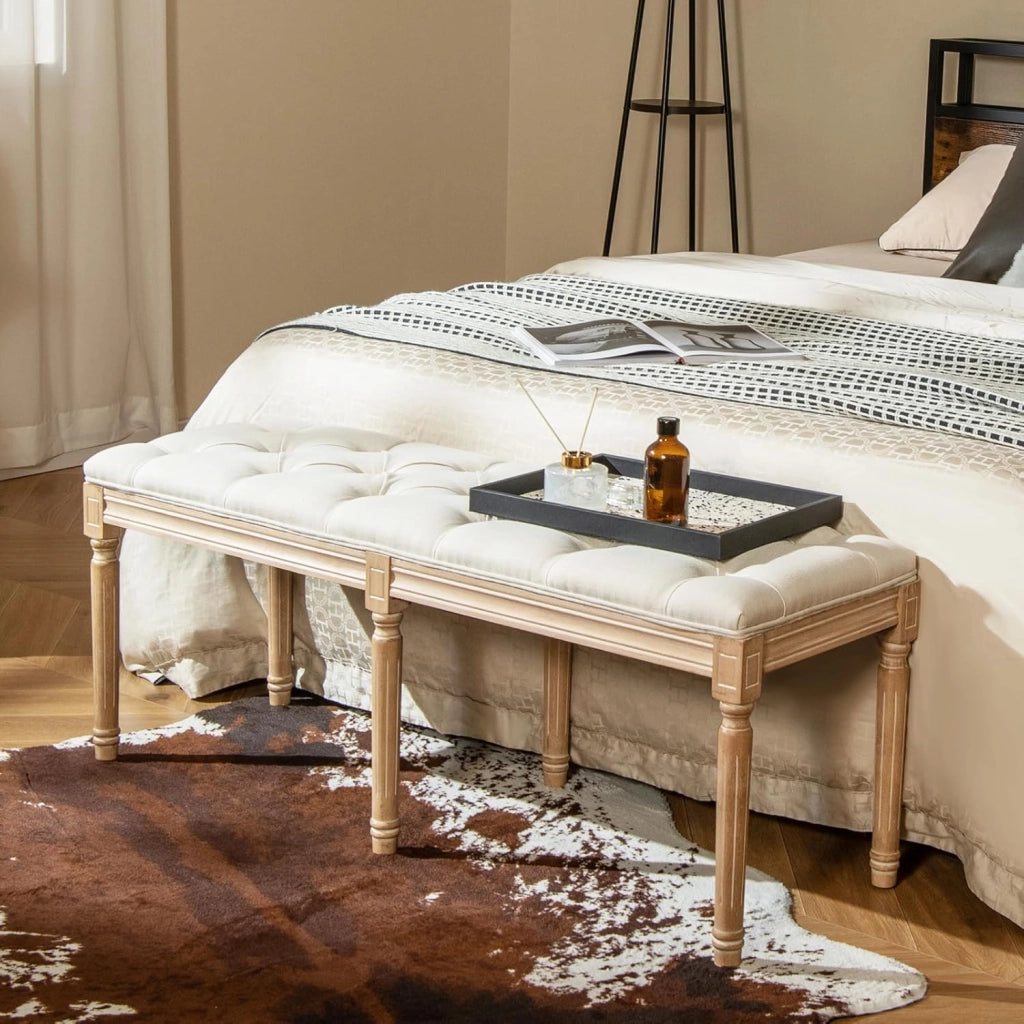 Panca d'Ingresso Vintage Francese, Panca da Pranzo Imbottita da 120 cm con Gambe in Legno di Gomma Massiccio, Sedia Pouf Capitonné a Fine Letto per Ingresso, Soggiorno e Camera da Letto