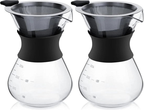 Caffettiera a goccia - Bicchiere di caffè in vetro con filtro a gocce - Filtratore in acciaio inossidabile - 13,5 oz - 2 pezzi